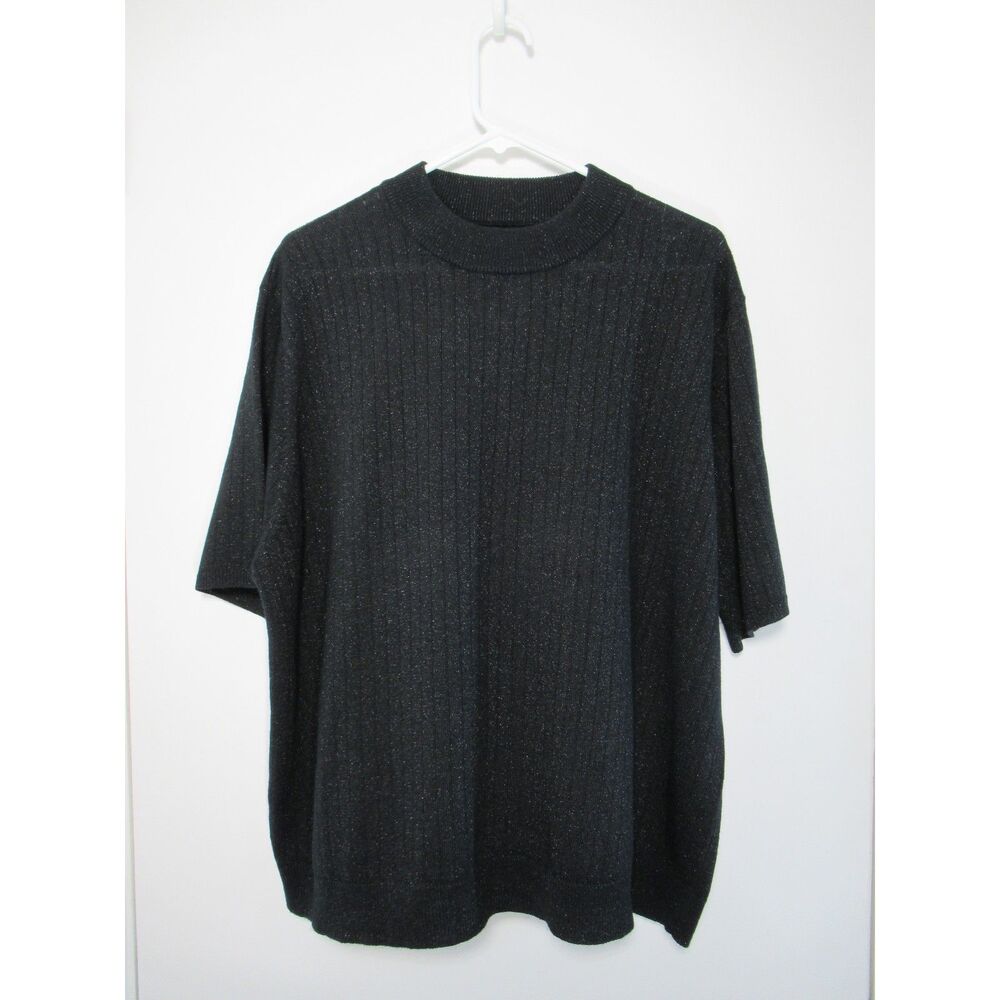 Sag Harbor Woman Black Silver Mock Neck Knit Short Sleeve Sweater 2XL
